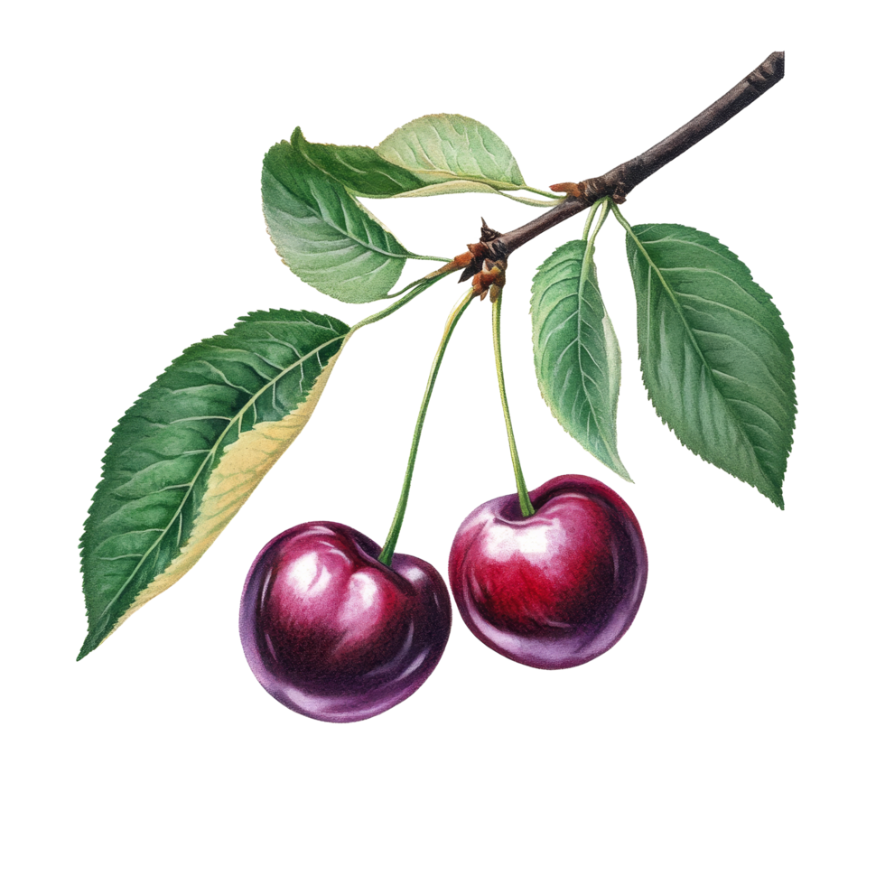 Cherry plum with green leaves displayed on a transparent background highlighting its vibrant color and natural beauty, cherry plum with green leaves on transparent background png