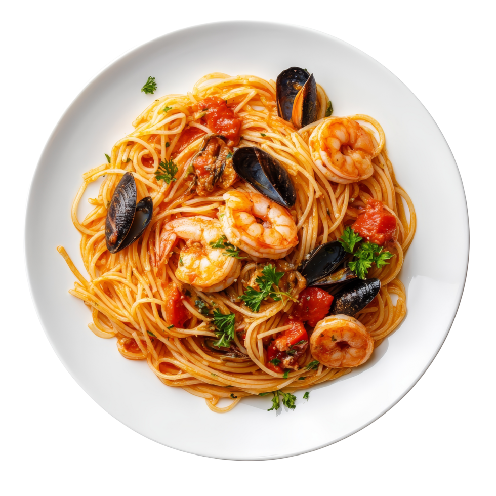 Delicious spaghetti with seafood mingled in a rich sauce served on a transparent plate, Spaghetti drunken seafood in the transparent plate on transparent background png