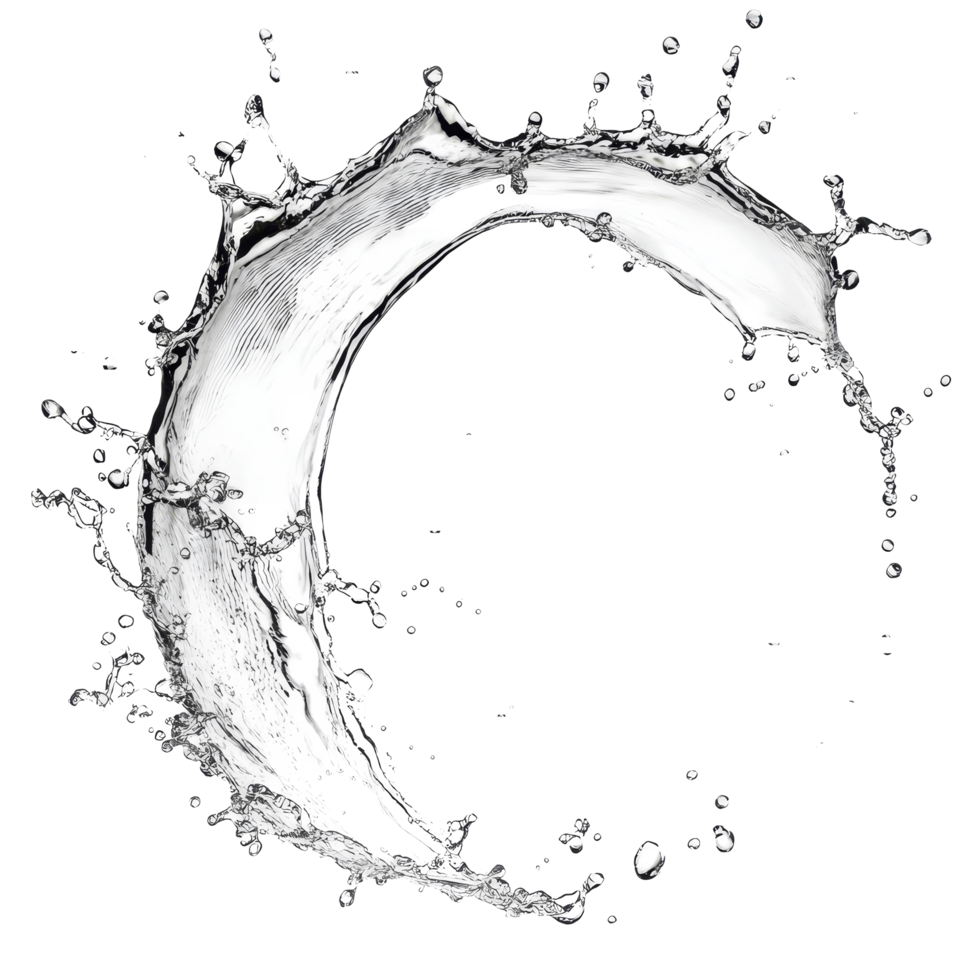 Curved water splash captured in color against a transparent background during a vibrant moment of fluid movement, Curve water splash isolated png