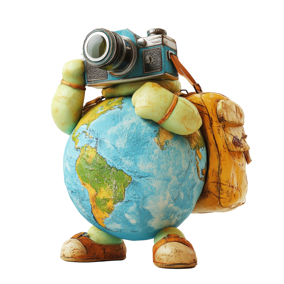A cheerful globetrotting character with a camera captures travel memories while exploring the world, Globetrotting Earth Character with Camera Travel Concept on transparent background png
