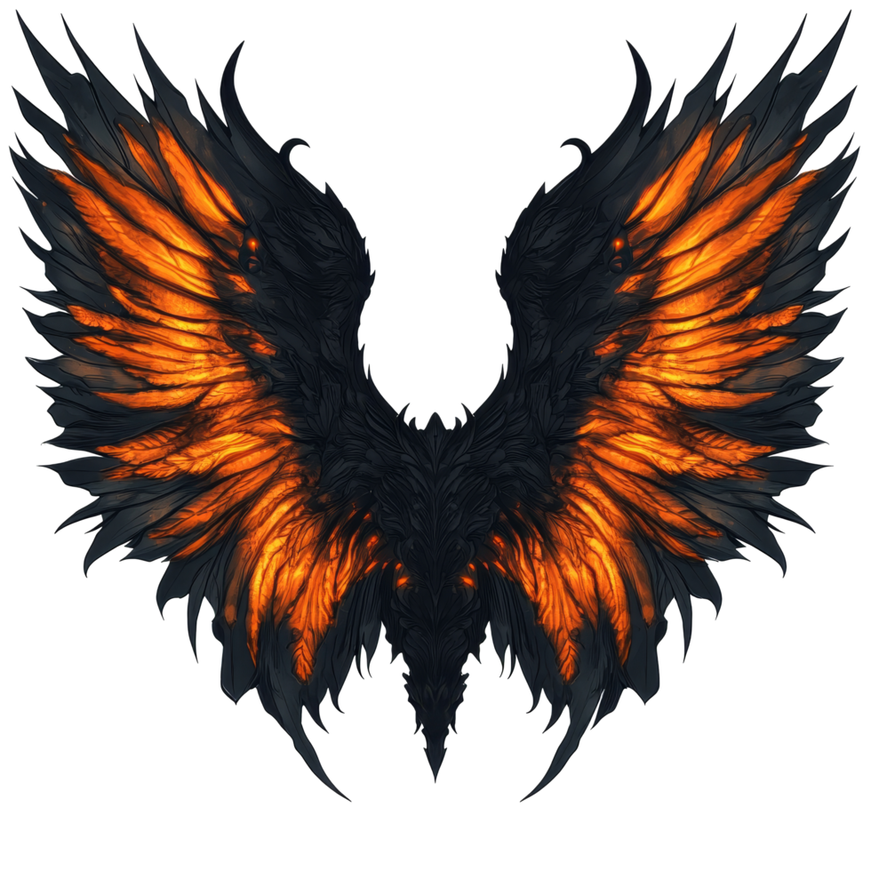 Stunning black and orange demon wings isolated against a transparent background for artistic display, Black and Orange Demon Wings Isolated on transparent background png