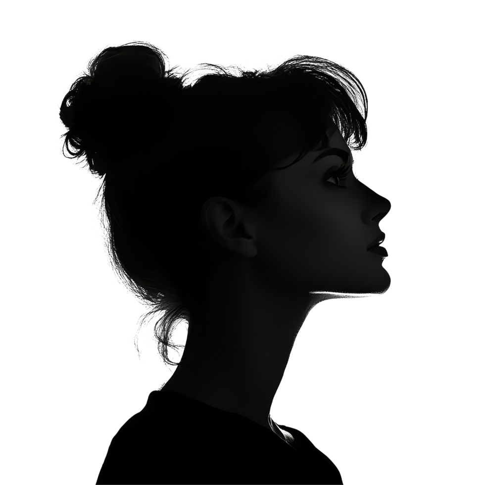Silhouette of a woman in profile against a bright transparent background highlighting her graceful features and hairstyle, Silhouette of a woman on transparent background png
