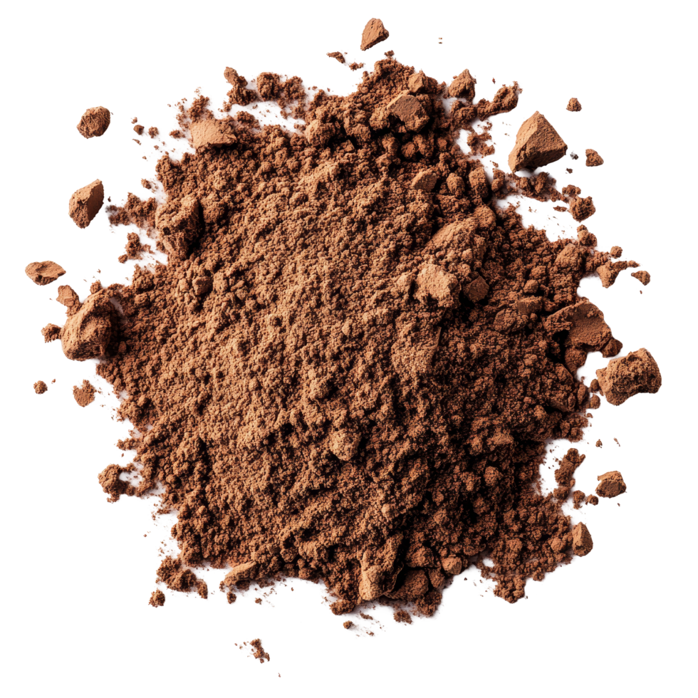 Cocoa powder spread on a transparent surface with a rich texture and deep color suitable for baking and desserts, Cocoa powder on transparent background png