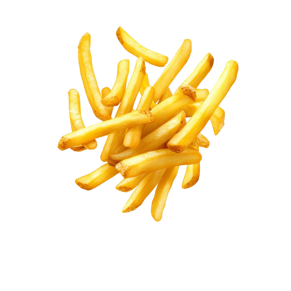 Levitating French fries flying in midair on a clean, isolated transparent background, Levitating French fries flying isolated transparent background png