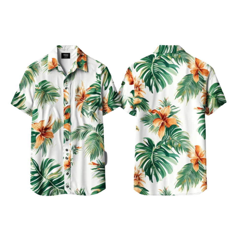 Elegant tropical shirt mockup showcasing vibrant floral patterns from front and back view for stylish summer looks, Elegant Tropical Shirt Mockup from Front and Back Views on transparent background png