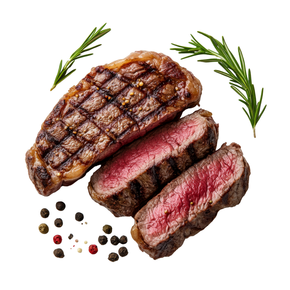 Grilled and sliced beef steak served on a transparent background with herbs and spices for a fresh culinary view, grilled and sliced beef steak isolated transparent background png