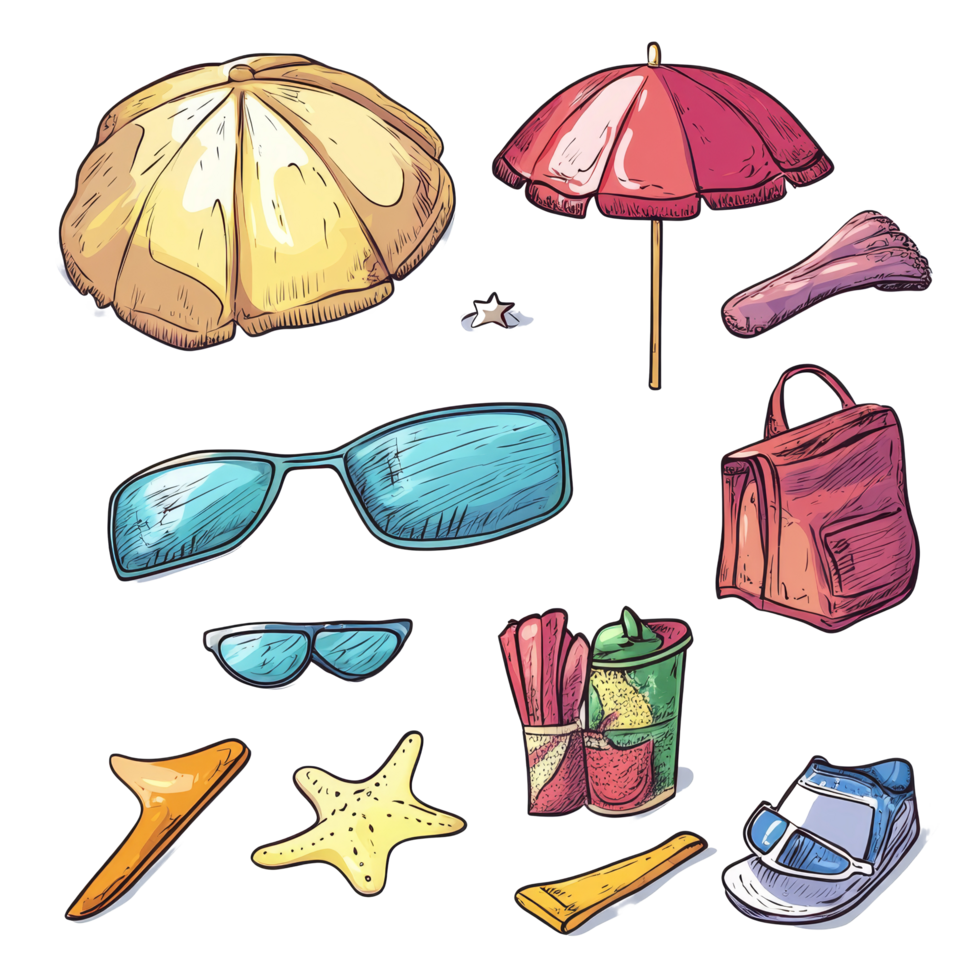 Colorful beach gear clipart umbrellas, sunglasses, and summer essentials on transparent, Beach Gear Clipart, on transparent background png