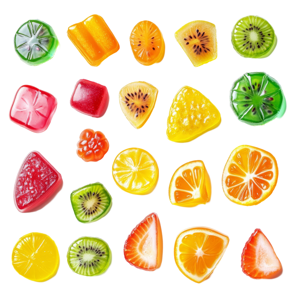 An assortment of vibrant fruit jelly candies displayed on a bright transparent surface, Assortment of colorful fruit jelly candy on transparent background png