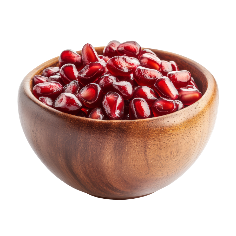 Fresh pomegranate seeds in a wooden bowl isolated on a transparent background for healthy eating, Pomegranate seeds in wood bowl isolated on transparent background png