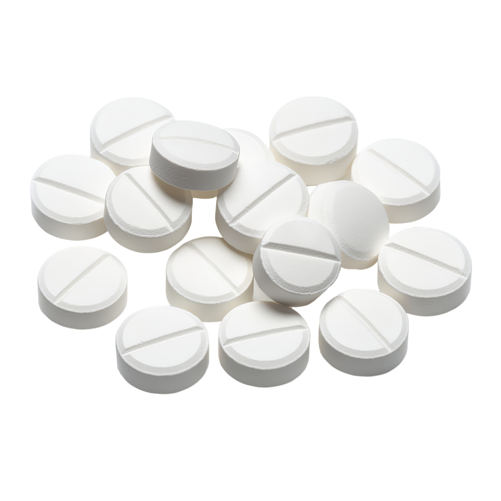 Assorted transparent tablets scattered on a clean transparent background, showcasing their uniform shape and texture, transparent pills tablets on transparent background png