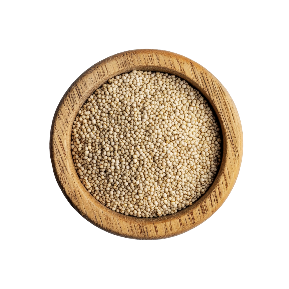Quinoa grains in a wooden bowl on a clean transparent surface for healthy meal preparation, Quinoa in wood bowl on transparent background png
