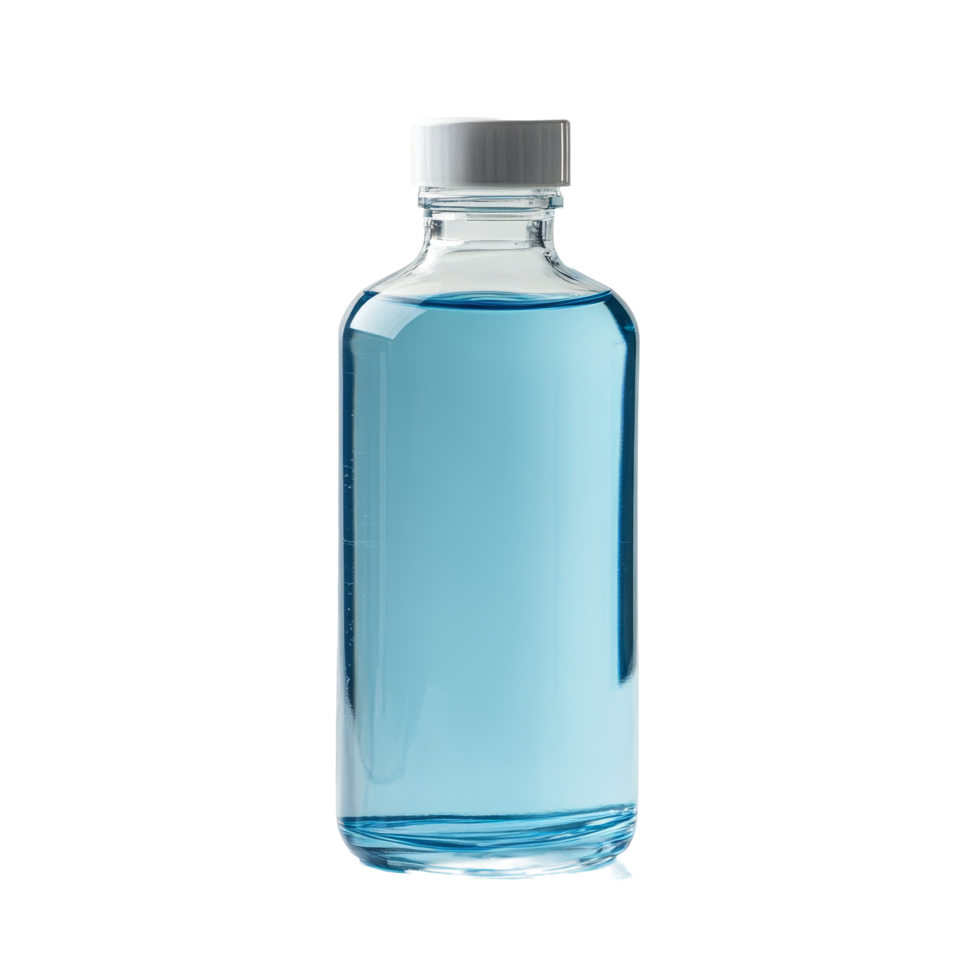 Clear shampoo bottle featuring blue liquid, positioned on a clean transparent background for a minimalist aesthetic, shampoo bottle on transparent background png