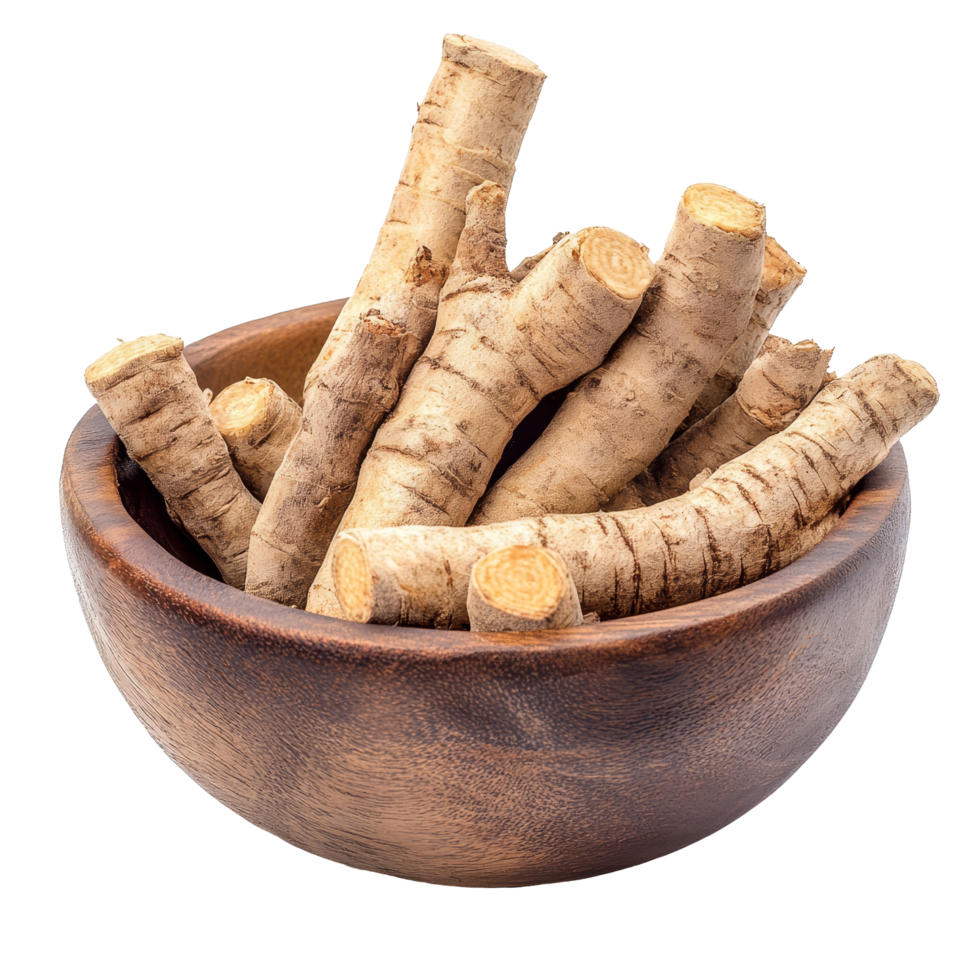 Krachai finger root herbs displayed in a wooden bowl on a clean surface, ready for culinary or medicinal use, finger root Krachai Thai herb in wood bowl isolated on transparent background png