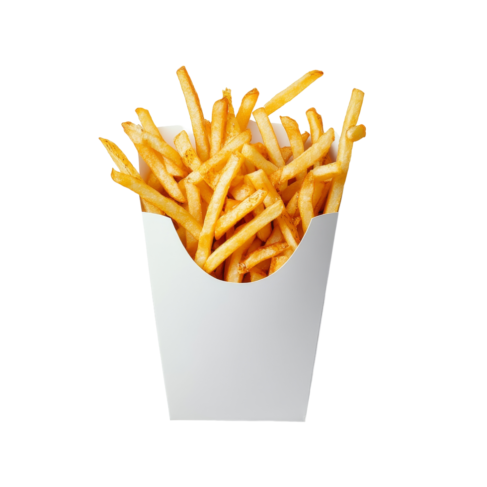Crispy French fries overflowing from a transparent paper box on a clean, light background, French fries bursting out from transparent paper box png