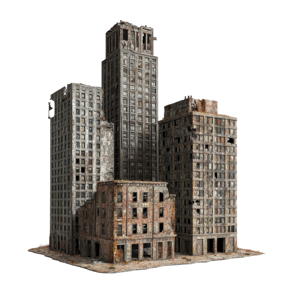 Ruined skyscraper buildings stand isolated against a transparent background showcasing urban decay and abandonment, Ruined Skyscraper Buildings Isolated on transparent background png