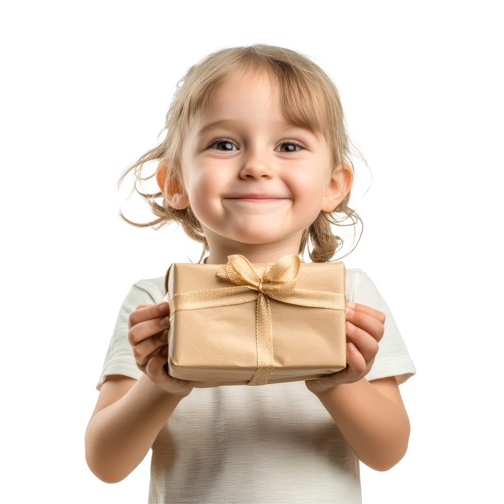 A joyful kid with a gift smiles brightly against a transparent background during a festive occasion, Joyful kid with gift on transparent background png