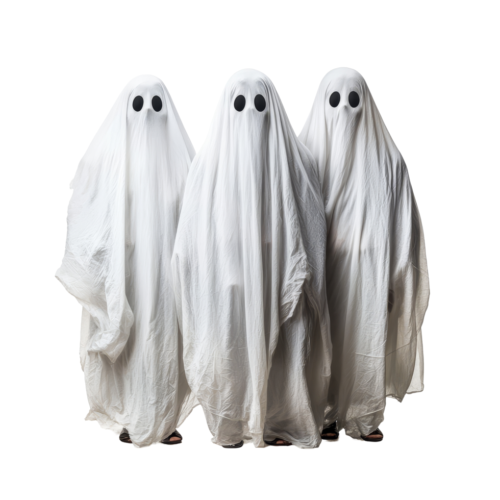 Three people in ghost costumes celebrating Halloween against a transparent background, isolated for a spooky effect, People disguised in a ghost for halloween isolated on transparent background png