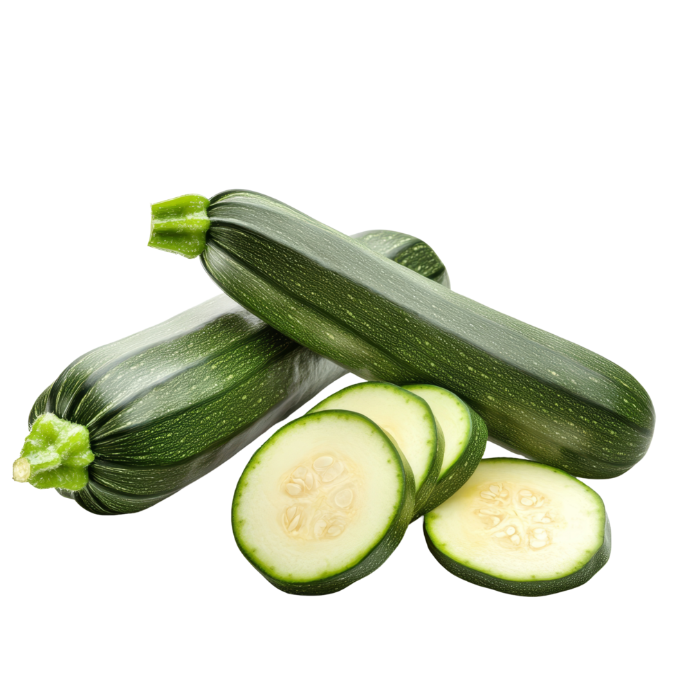 Fresh green zucchini and sliced pieces on a clean transparent background ready for culinary use, green zucchini with slice isolated on transparent background png