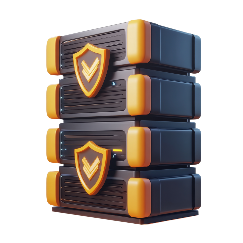 Cartoon data servers with protective shields and vibrant transparent accents for enhanced security, 3D Cartoon Secure Data Servers with Shields on transparent background png