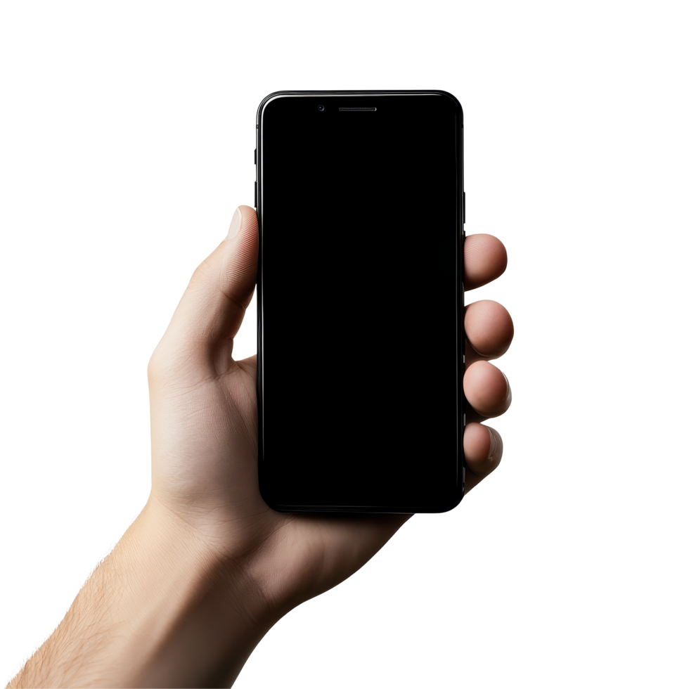 A person holds a black smartphone against a clean transparent background, demonstrating a casual mobile usage scenario, hand holding black phone on transparent backgroundfile png