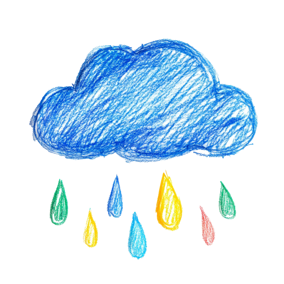 Handdrawn crayon cloud with colorful raindrops on a transparent background captures a playful weather illustration, Icon cloud with raindrops hand draw crayon isolated on transparent background png