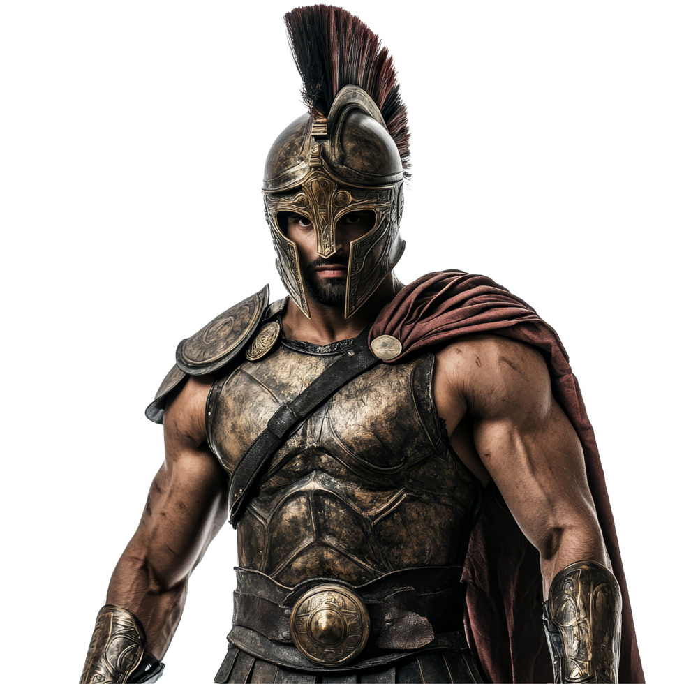 A Spartan warrior stands confidently, showcasing detailed armor and a majestic helmet against a plain transparent background, Spartan Warrior Facing the Camera on transparent background png