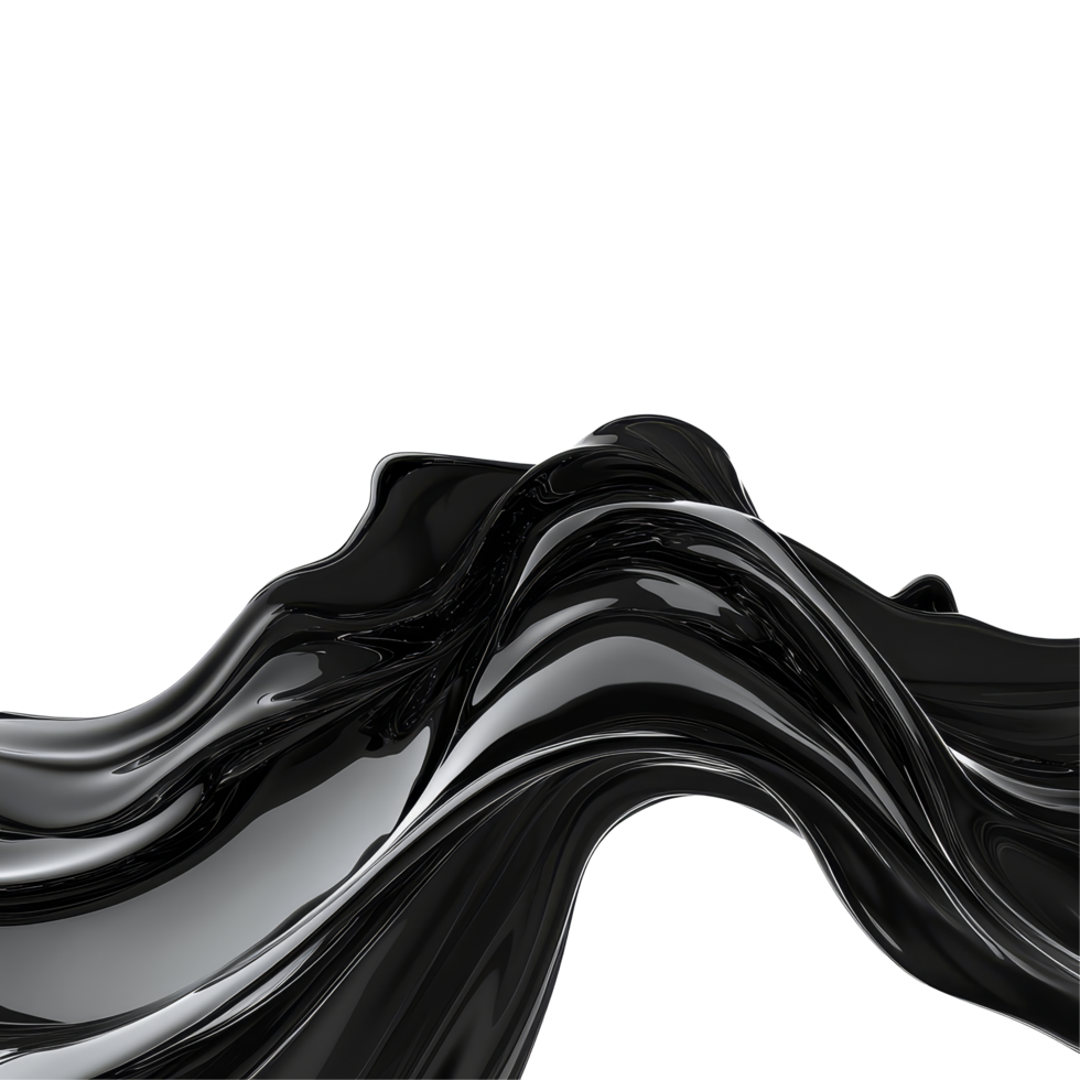 Elegant black liquid flowing in wave patterns against a bright transparent background, black color liquid flowing wave isolated on transparent background png