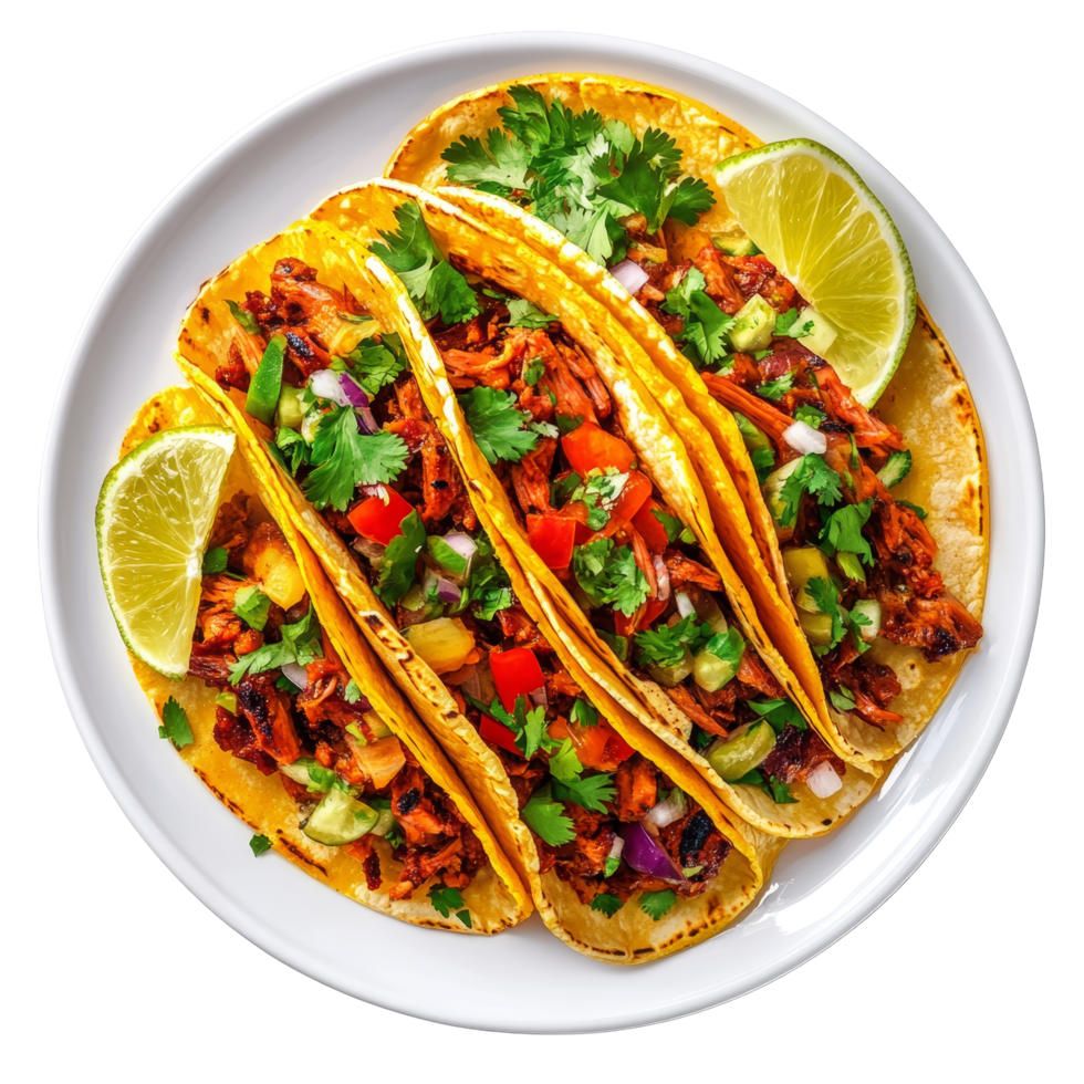 Delicious homemade tacos al pastor plated with fresh toppings and lime slices for a vibrant meal experience, Top view delicious tacos al pastor food plate on a transparent background png