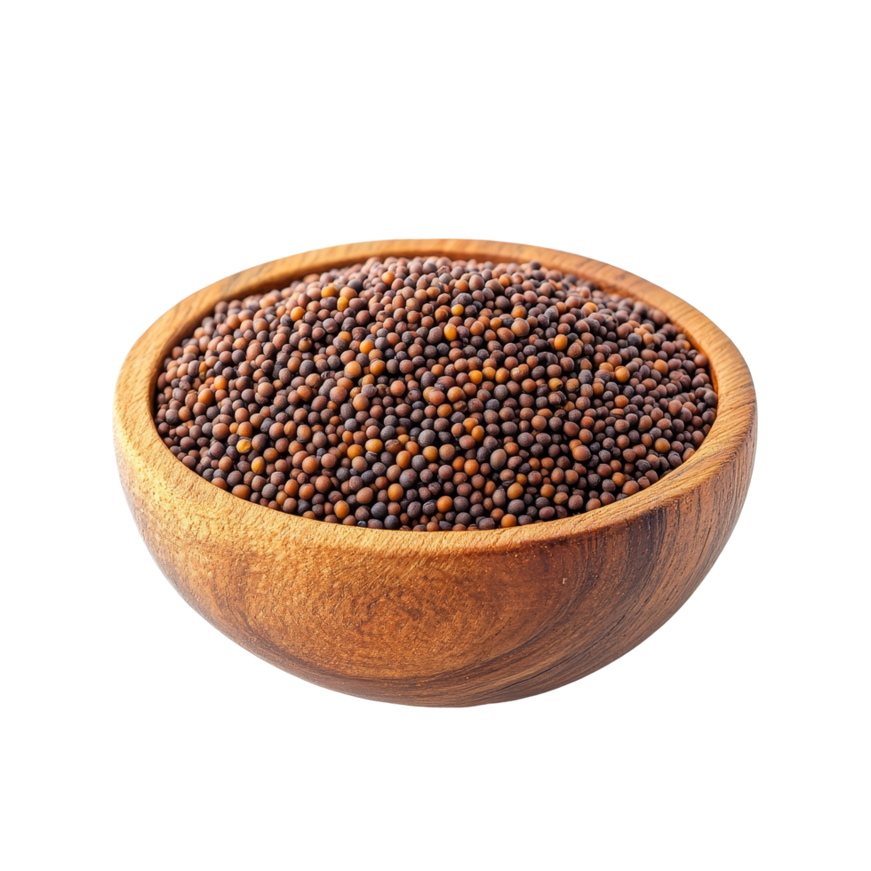 Mustard seeds in a wooden bowl isolated on a transparent background for culinary and health uses, mustard seeds in wood bowl isolated on transparent background png