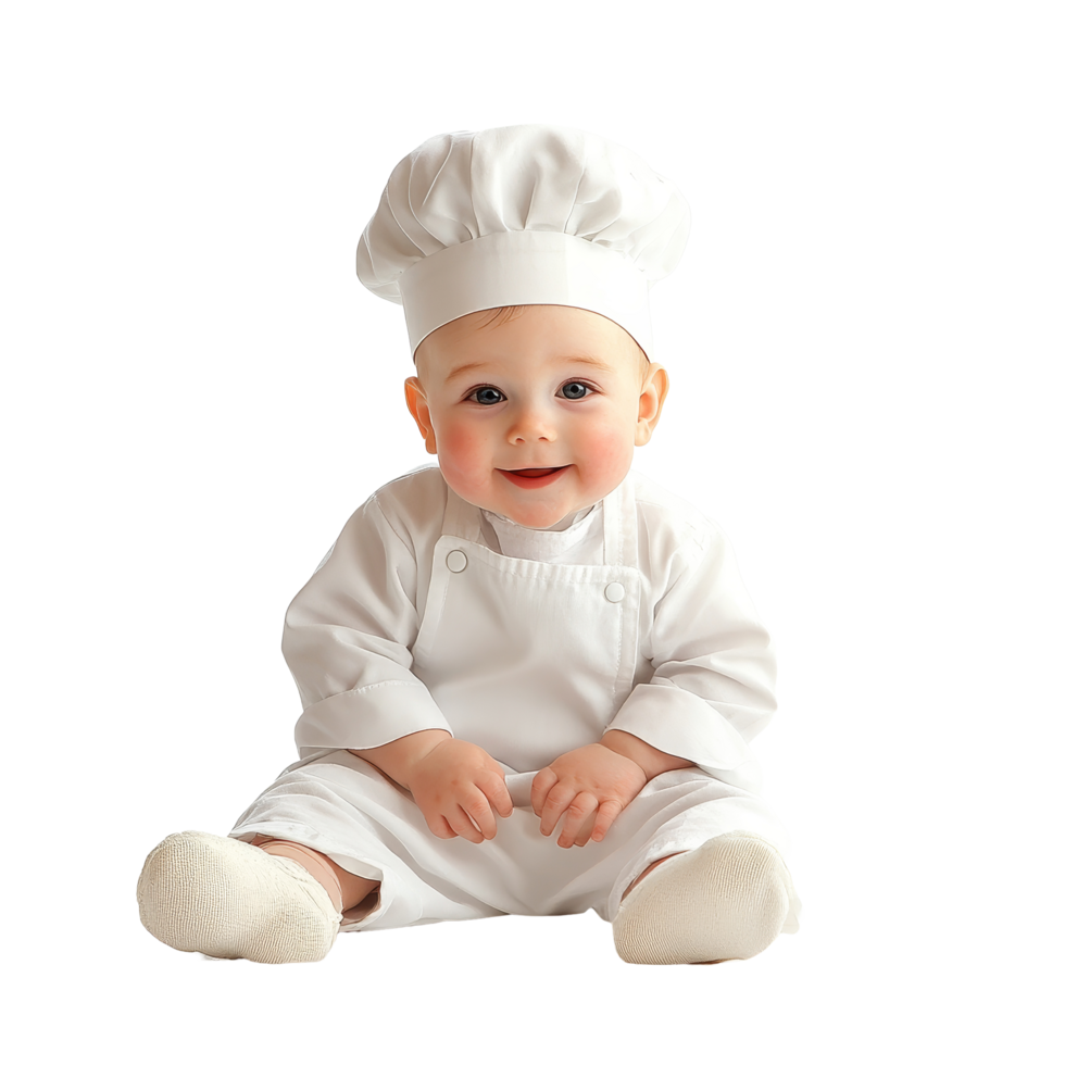 Adorable baby boy dressed in a chefs outfit sitting against a plain transparent background, Baby Boy in Chefs Outfit on transparent background png