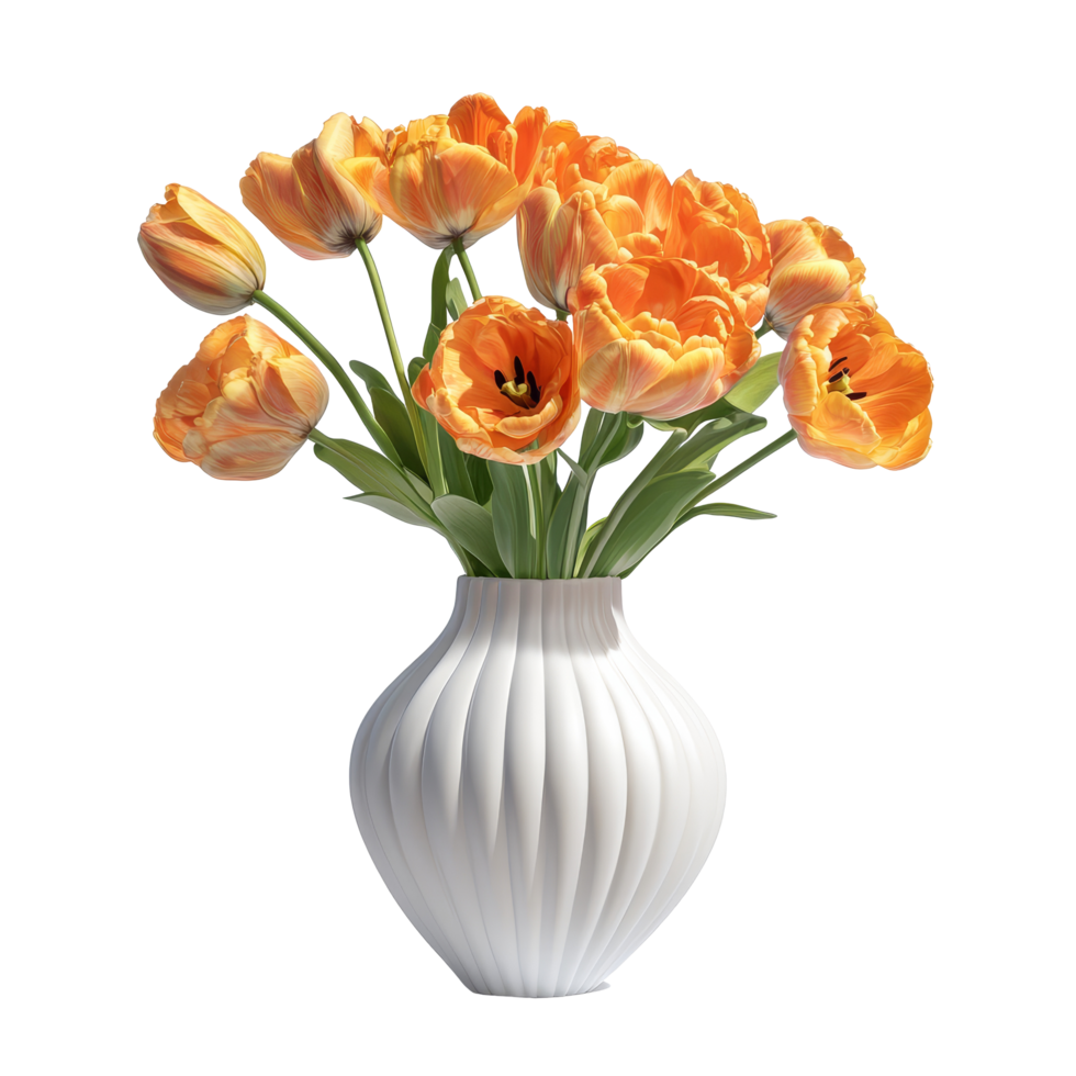 Elegant vase filled with vibrant orange flowers, brightening up any space in a minimalist setting, vase with beautiful orange flowers, file of isolated object with shadow on transparent background png
