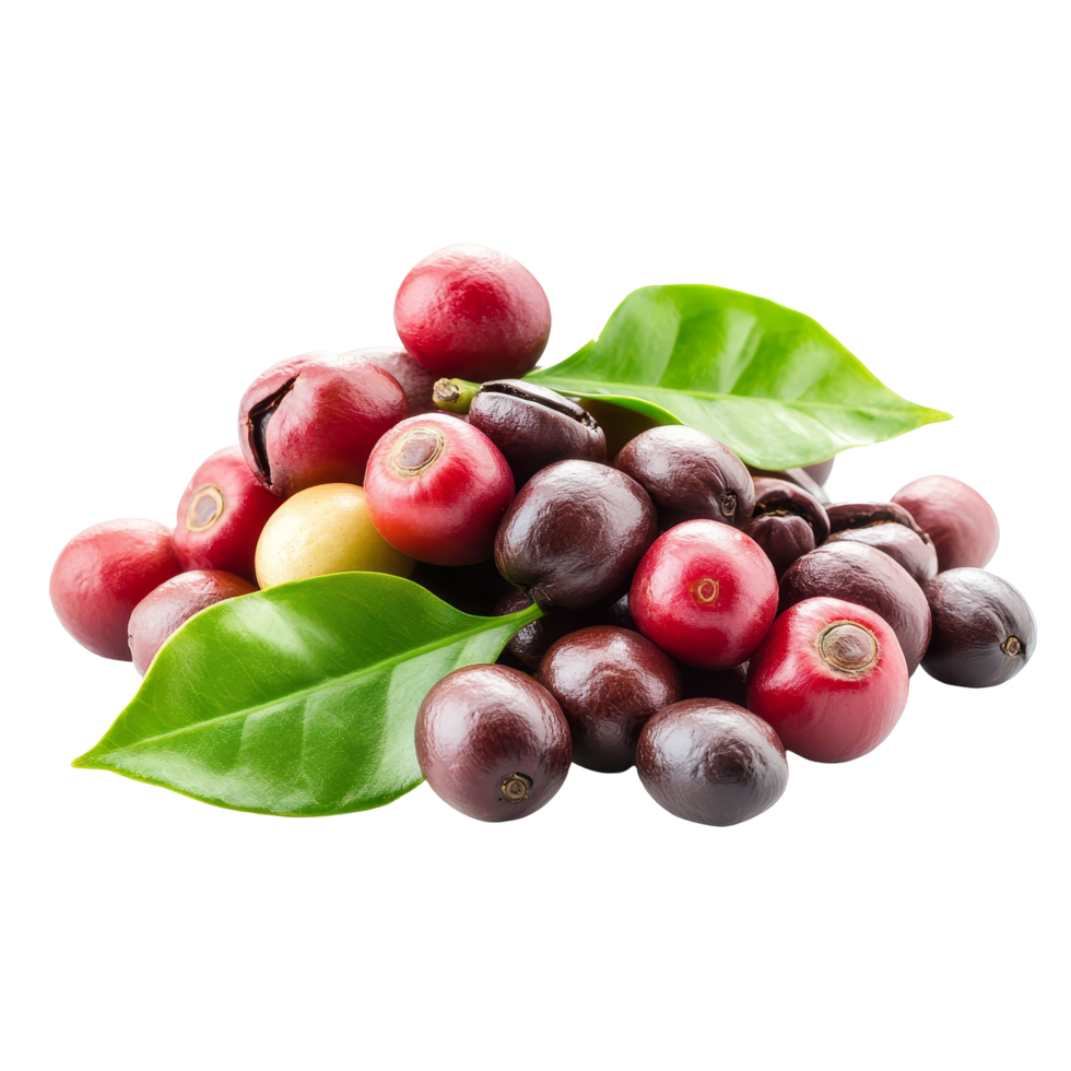 Ripe and unripe red coffee beans with leaves isolated on a transparent background showcasing their vibrant colors, Red coffee beans ripe and unripe berries isolated on transparent background png