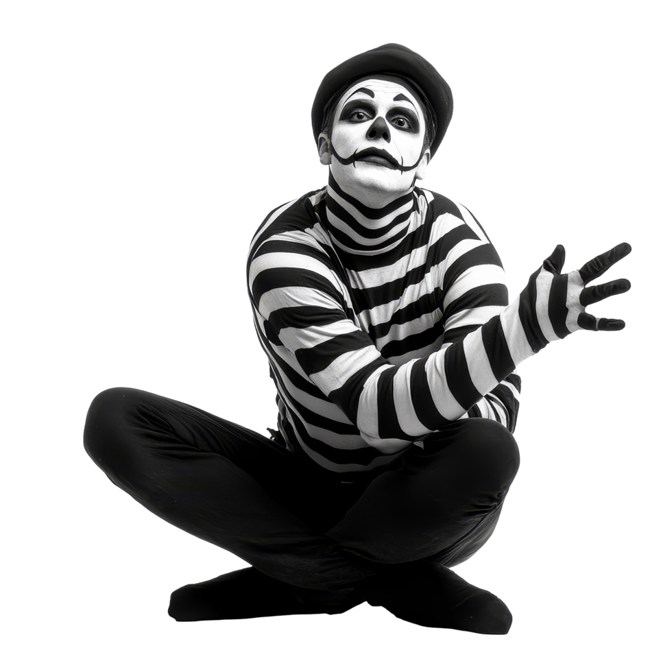 A male mime artist performs expressively against a transparent background, showcasing his craft with gestures and makeup, Male Mime Artist Isolated on transparent background png
