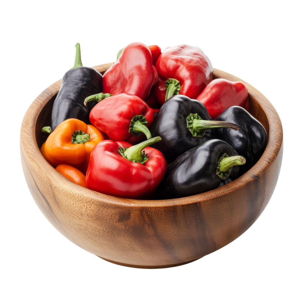A vibrant assortment of red, black, and transparent peppers in a rustic wooden bowl on a kitchen countertop, Mixed of peppers hot, red, black, transparent in wood bowl isolated on alpha layer png