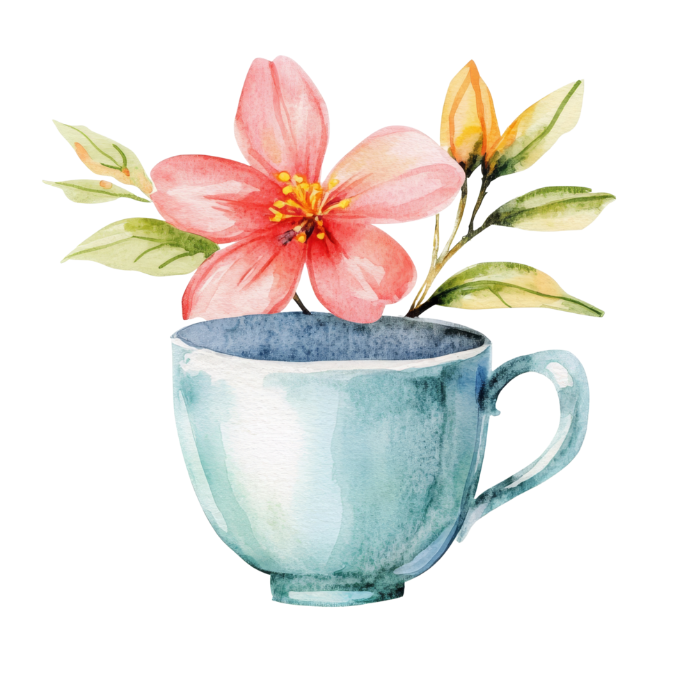 A delicate watercolor cup featuring a pink flower and green leaves on a clean transparent background, cup with flower isolated on transparent background png