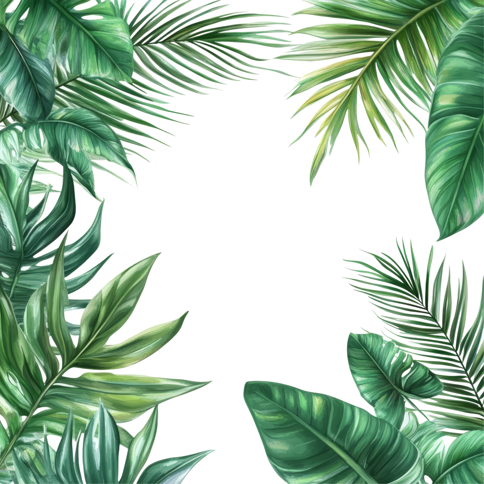Tropical palm leaves create a vibrant botanical frame on a transparent background for a fresh and lively touch, green botanical tropical palm leaves frame on transparent background png