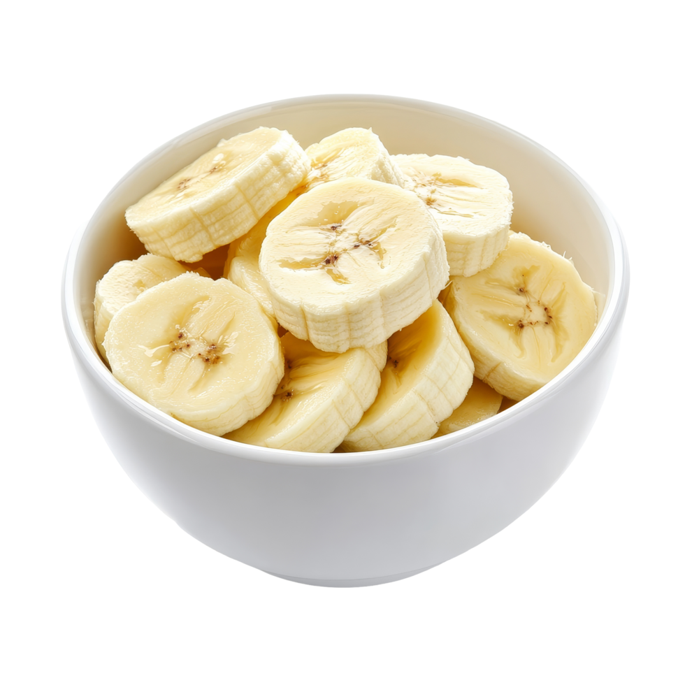 Freshly sliced banana pieces in a transparent bowl against a clean background ready for healthy snacking or recipes, slice banana in bowl on transparent background png