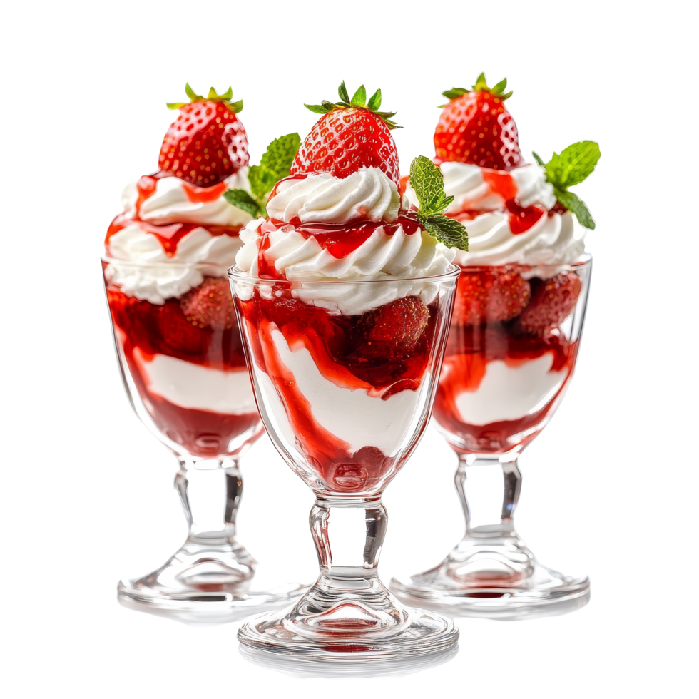 Delicious strawberry desserts topped with whipped cream and fresh berries in glass cups on a transparent background, Strawberry Desserts in Glass Cups on transparent background png