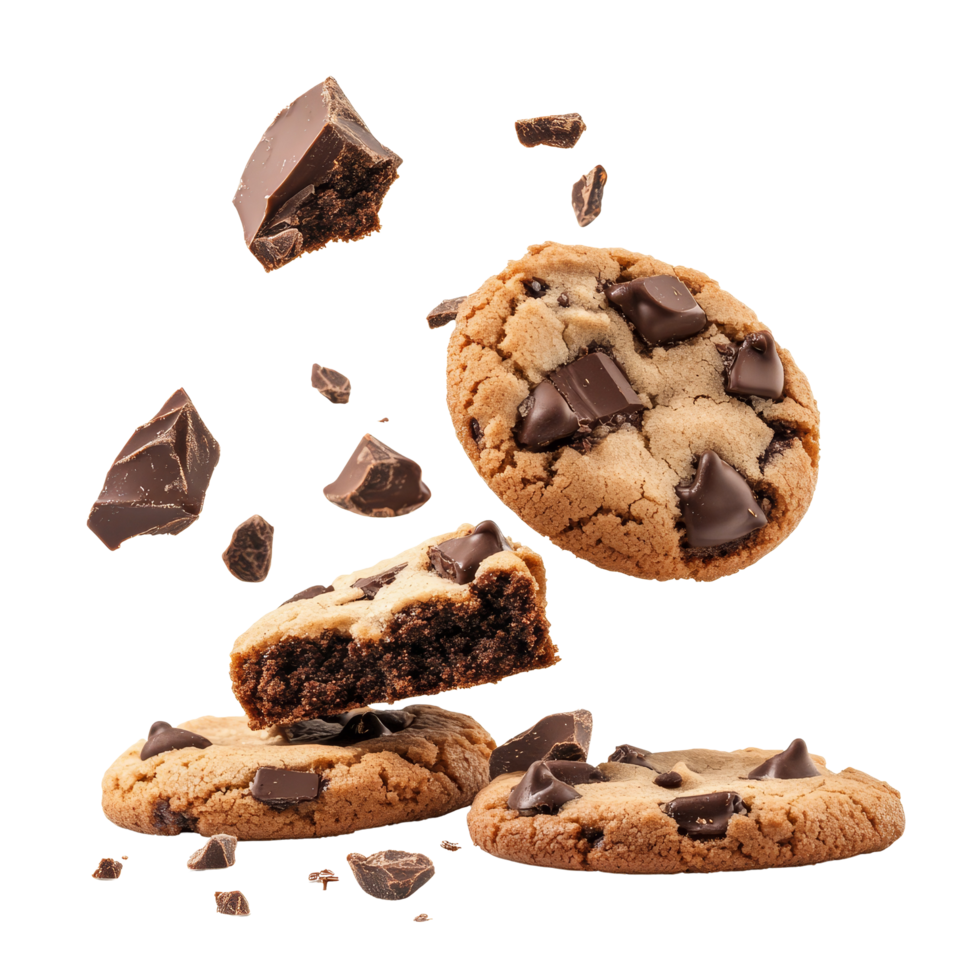 Falling broken chocolate cookies with chunks on a transparent background showcasing delicious homemade treats, Falling broken chocolate cookies on transparent background png