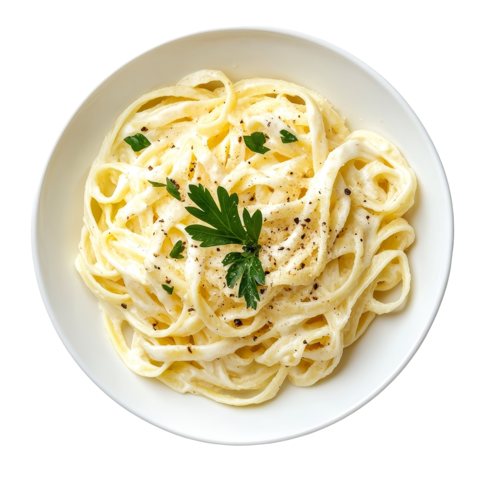 Delicious bowl of fettuccini alfredo garnished with parsley viewed from above, a bowl of fettucini alfredo with garnish, top view, isolated transparent background png