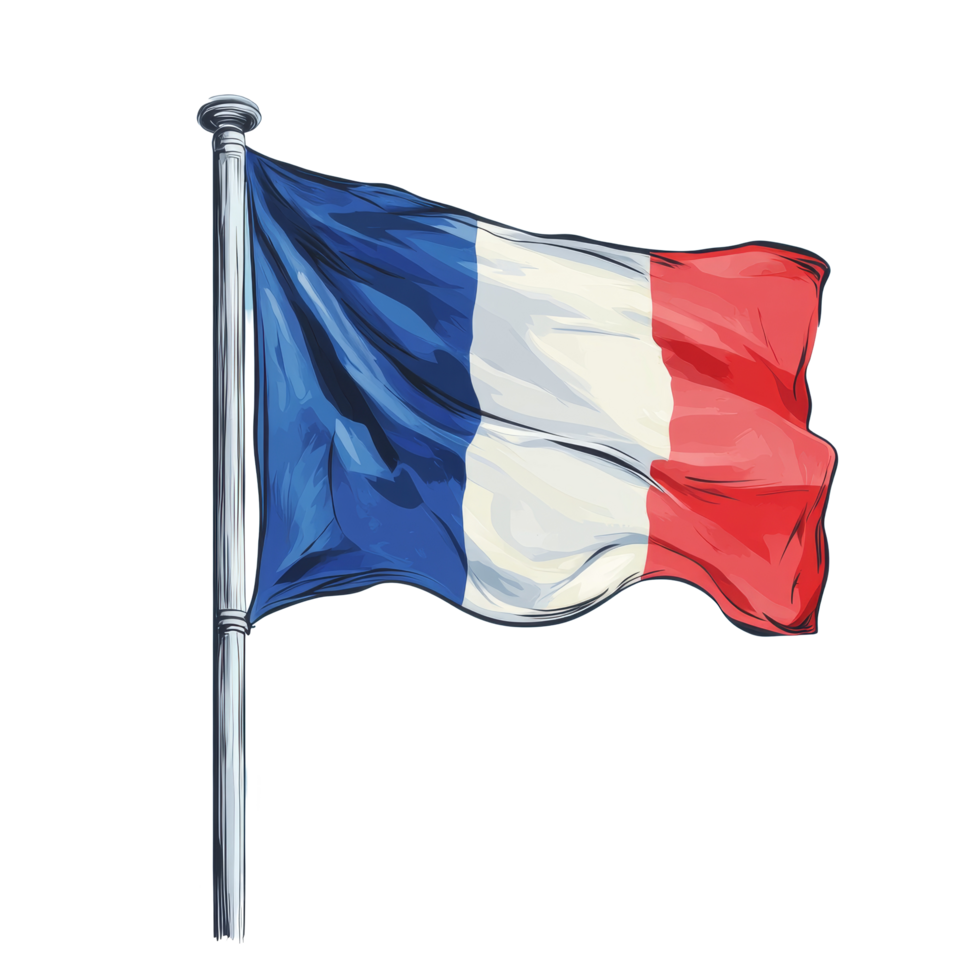 Illustration of the France flag waving gently against a clear sky background, france flagillustration png