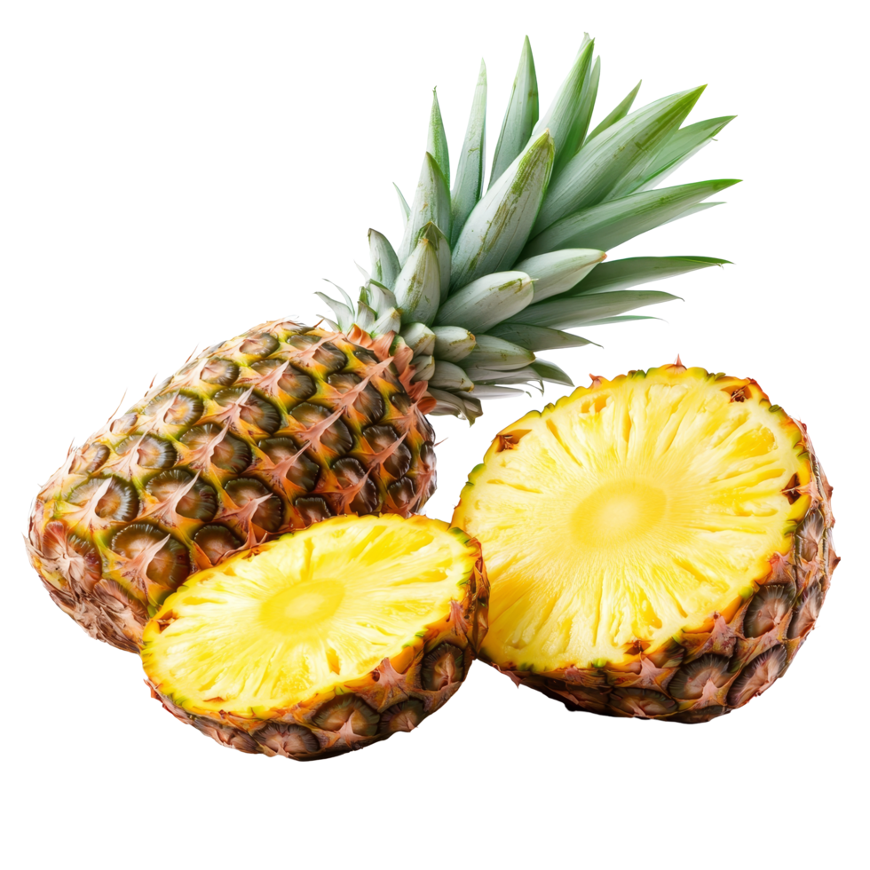Fresh pineapple with sliced pieces on transparent background showcasing vibrant fruit freshness and tropical appeal, pineapple with slices isolated on transparent background png