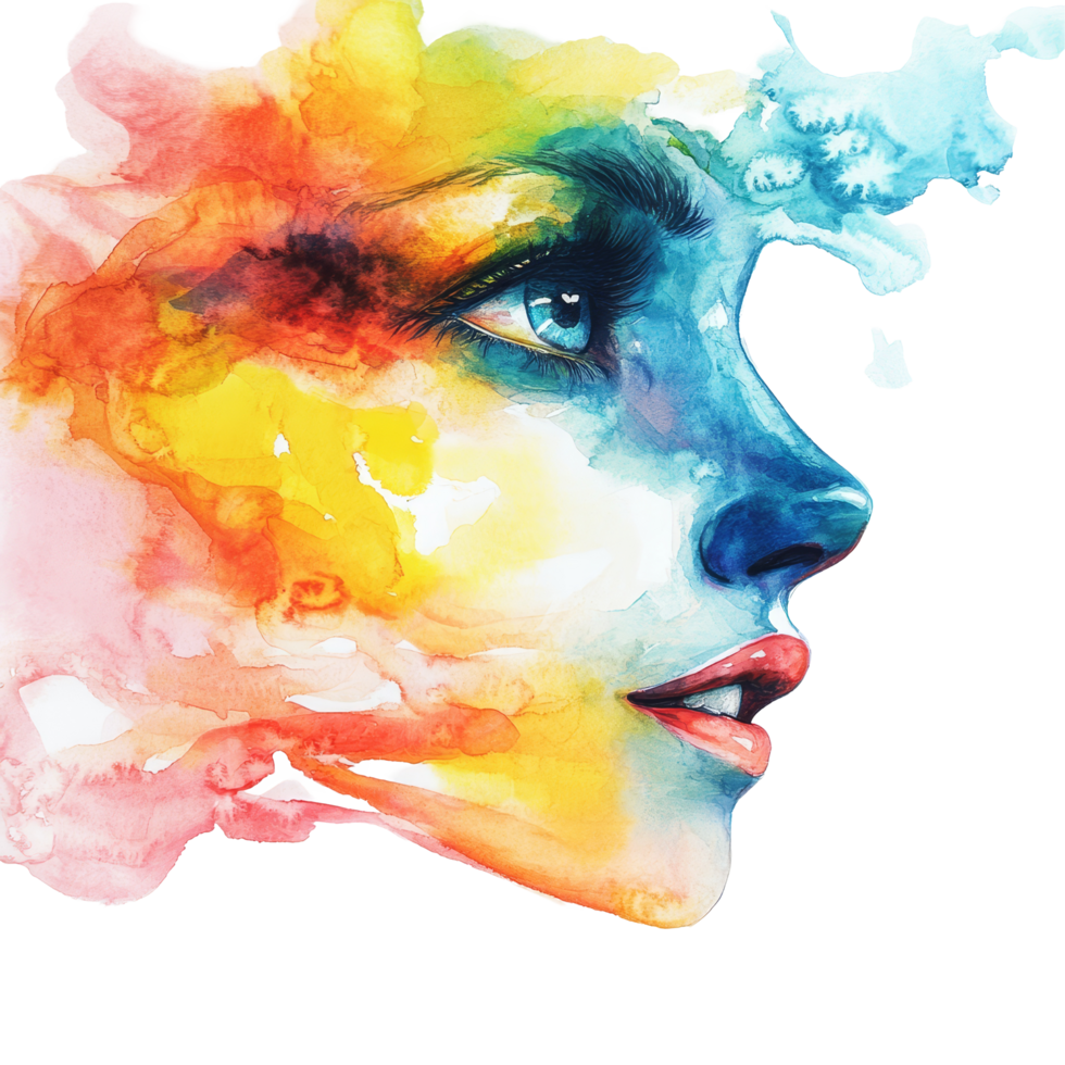A vibrant watercolor portrait capturing the essence of femininity with colorful abstract features and expressions, red painted liquid water color circle isolated on transparent background png
