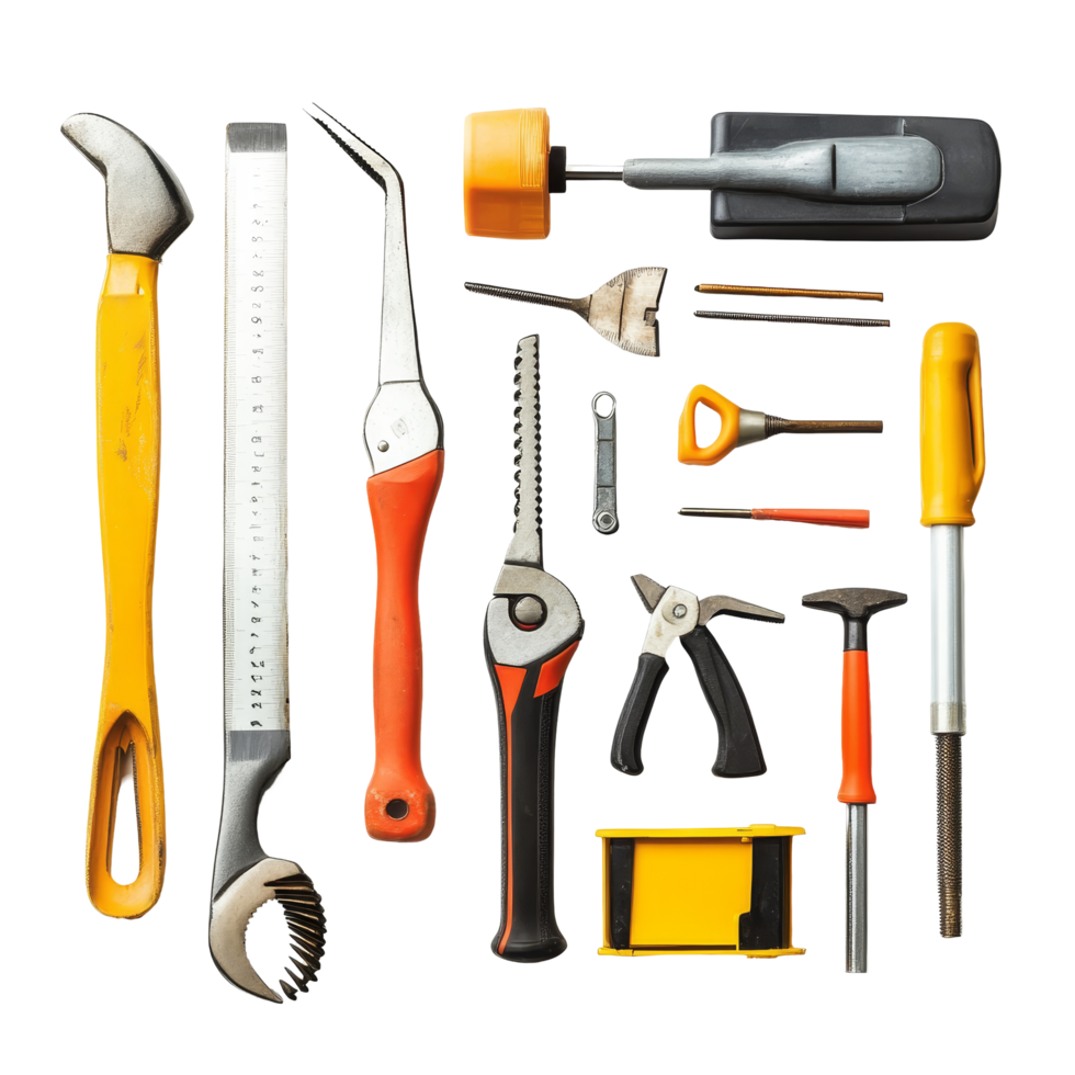Isolated construction tools arranged on a transparent background, showcasing essential equipment for building and repair projects, Construction tools isolated png