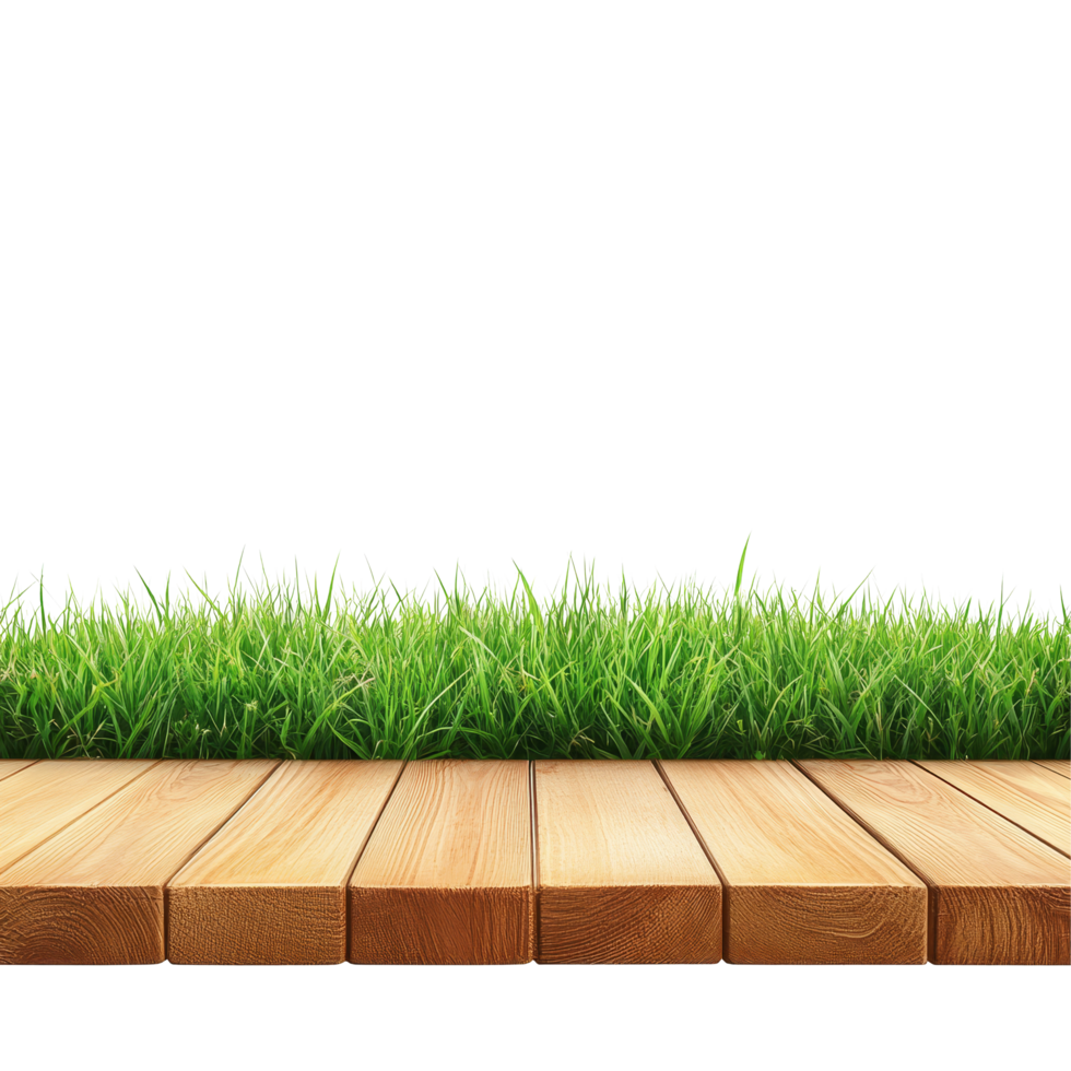 Elegant wooden top table set against a lush green grass background in a serene outdoor setting, wooden top table with grass background, isolated transparent background png