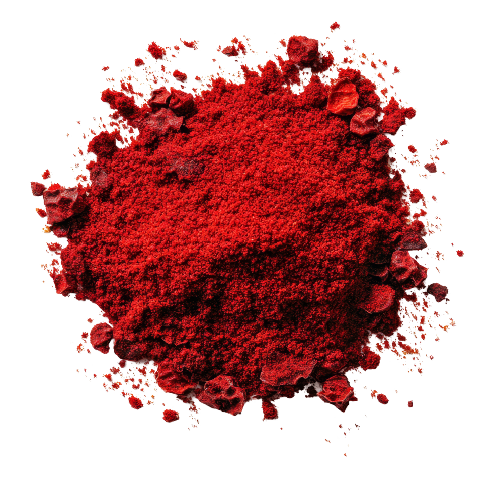 Bright red powdered dried pepper on a clean transparent background for culinary use or spice cataloging, Powdered dried red pepper on transparent background png