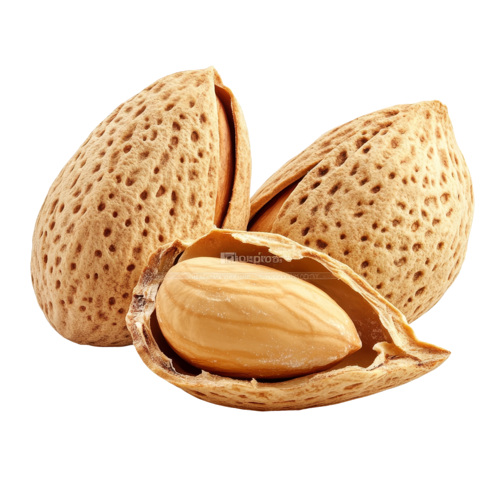 Almonds in shell displayed on a clean surface showcasing their natural texture and color, Almonds with shell isolated png