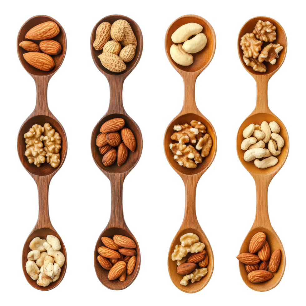 Delicious assortment of nuts arranged in wooden spoons over a clean transparent background, Various of nuts on wooden spoon over transparent background png