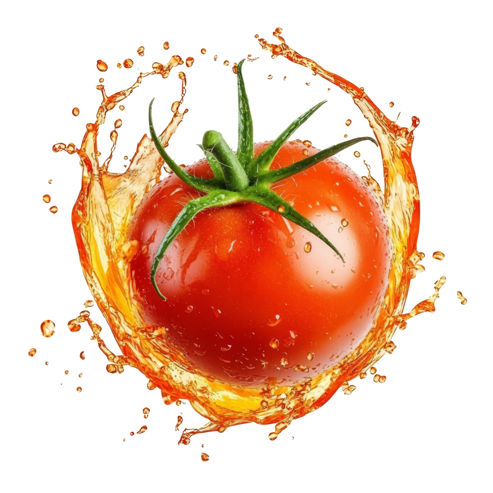 Fresh red tomato splashes in vibrant juice, captured amidst a circular burst of flavor, Fresh tomato with juice splash in circle shape png