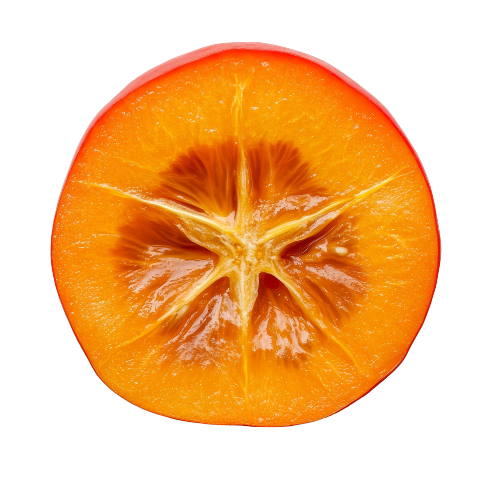 Fresh persimmon slice isolated on a transparent background showcasing its vibrant color and starshaped interior detail, persimmon slice isolated on transparent background png